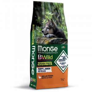 MONGE DOG BWILD GF PUPPY & JUNIOR DUCK sausā barība kucēniem Pīle 12kg